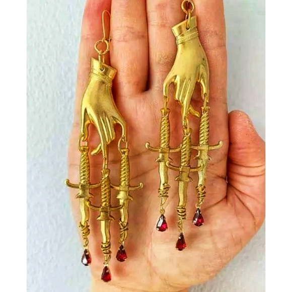 BOUTIQUE Jewelry - Mystic Hands Daggers Chandelier Dangle Earring Red